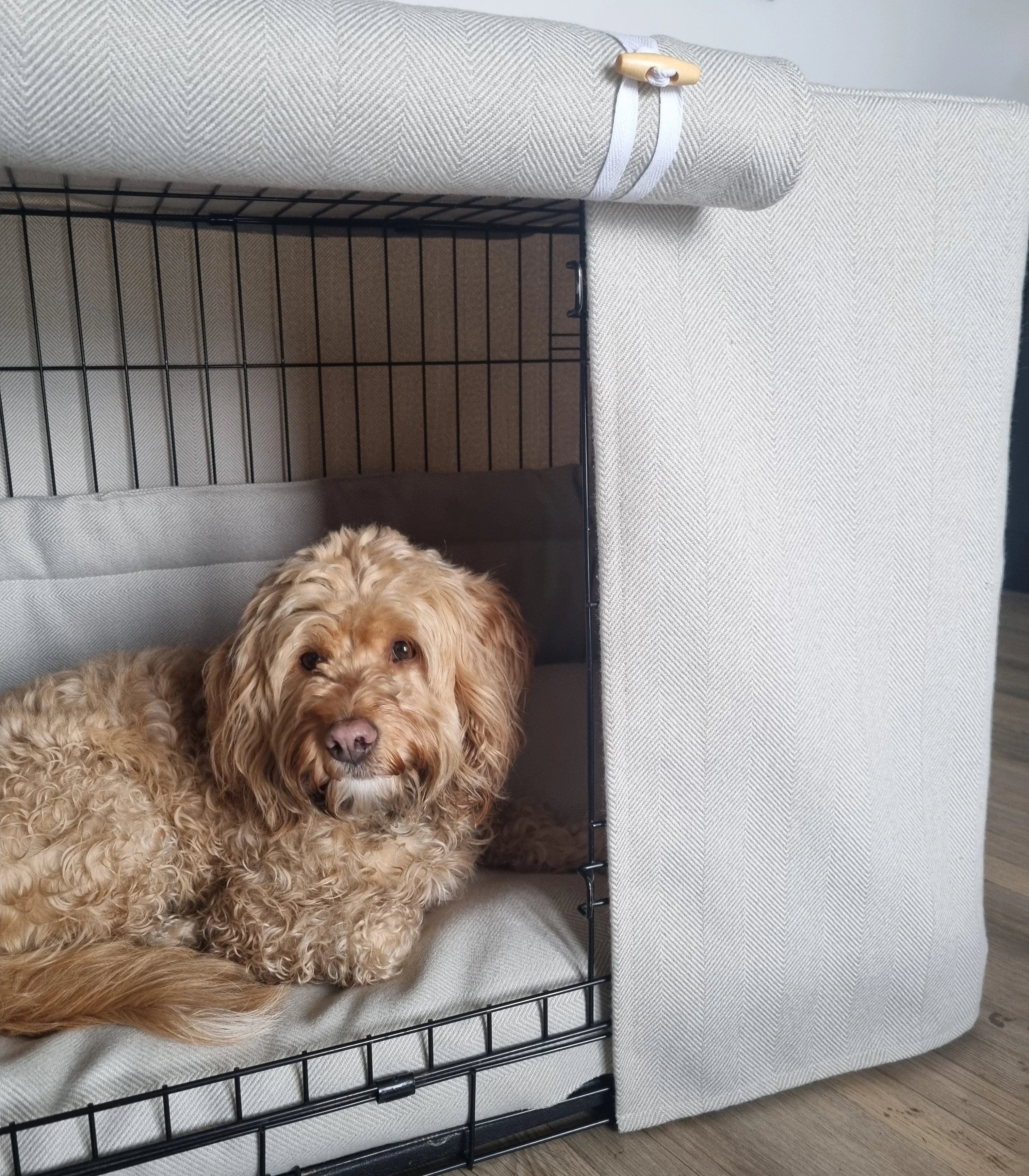Dog crate set - International Customers - crate cover, bumper and bed cover - Neutral herringbone - Image 3
